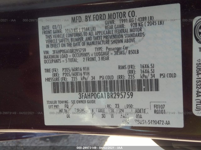 Photo 8 VIN: 3FAHP0GA1BR295759 - FORD FUSION 