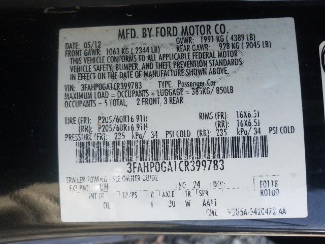 Photo 9 VIN: 3FAHP0GA1CR399783 - FORD FUSION S 