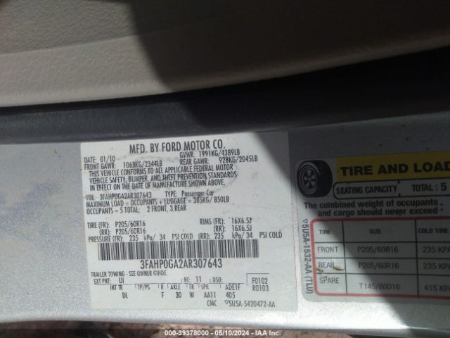 Photo 8 VIN: 3FAHP0GA2AR307643 - FORD FUSION 