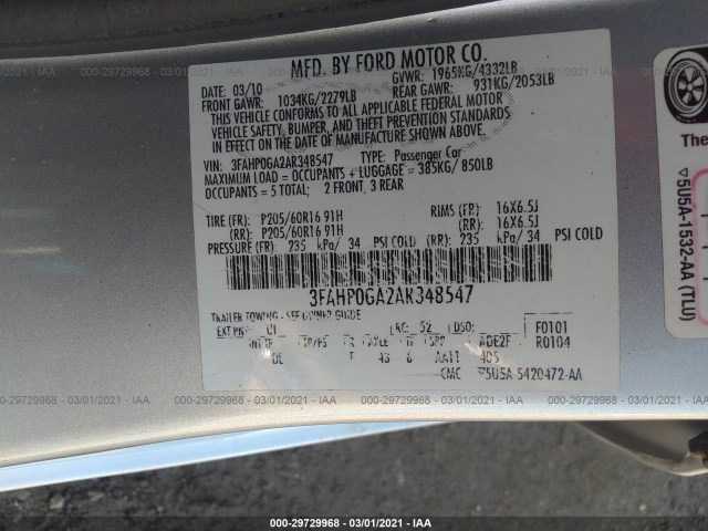 Photo 8 VIN: 3FAHP0GA2AR348547 - FORD FUSION 