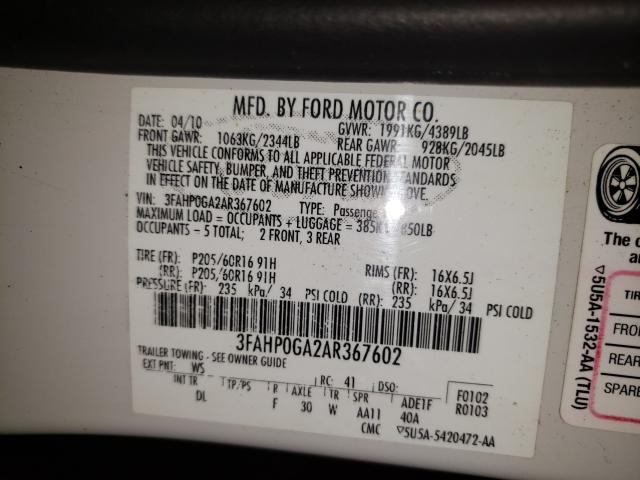 Photo 9 VIN: 3FAHP0GA2AR367602 - FORD FUSION S 