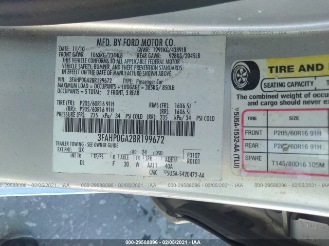 Photo 8 VIN: 3FAHP0GA2BR199672 - FORD FUSION 