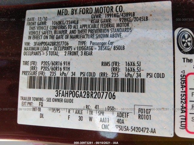 Photo 8 VIN: 3FAHP0GA2BR207706 - FORD FUSION 