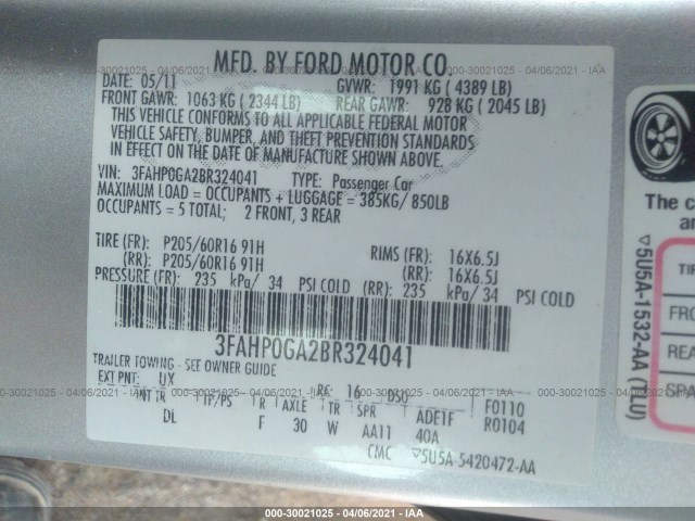 Photo 8 VIN: 3FAHP0GA2BR324041 - FORD FUSION 