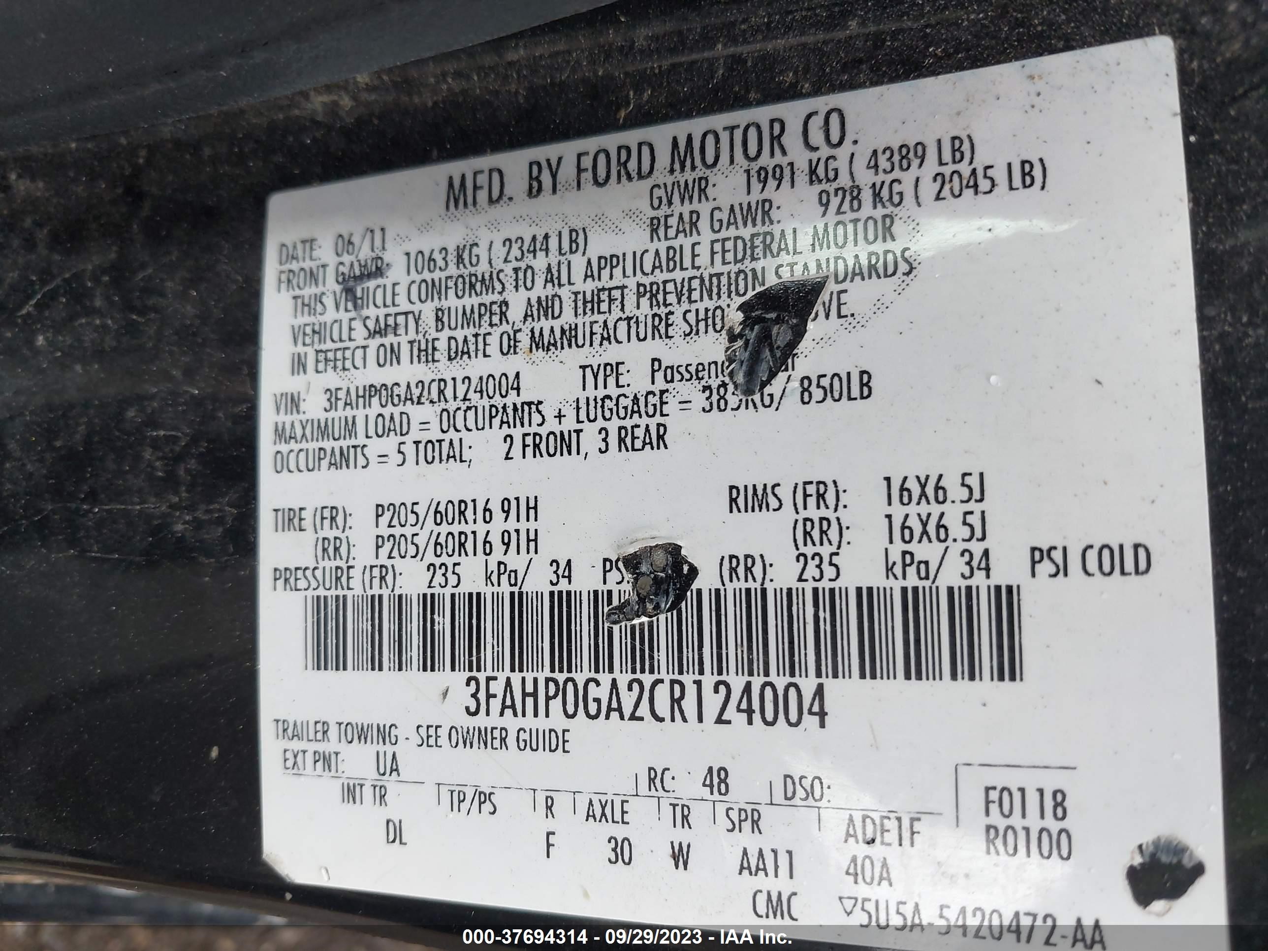 Photo 8 VIN: 3FAHP0GA2CR124004 - FORD FUSION 