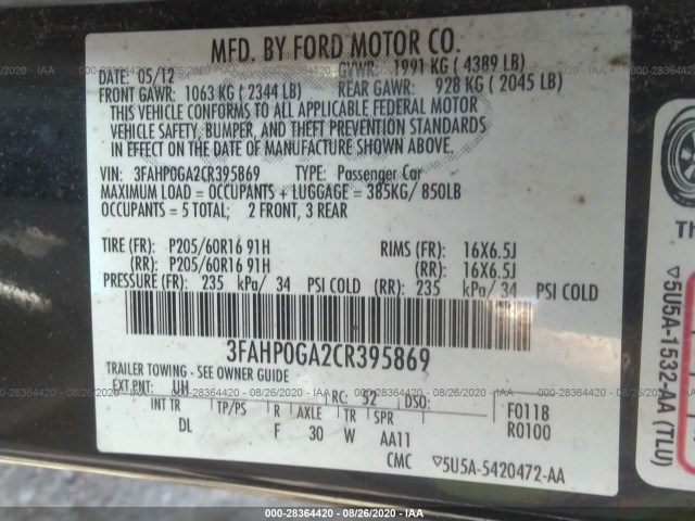 Photo 8 VIN: 3FAHP0GA2CR395869 - FORD FUSION 