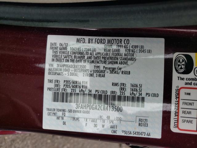 Photo 9 VIN: 3FAHP0GA2CR413500 - FORD FUSION S 