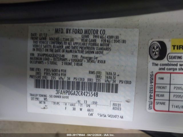 Photo 8 VIN: 3FAHP0GA2CR425548 - FORD FUSION 