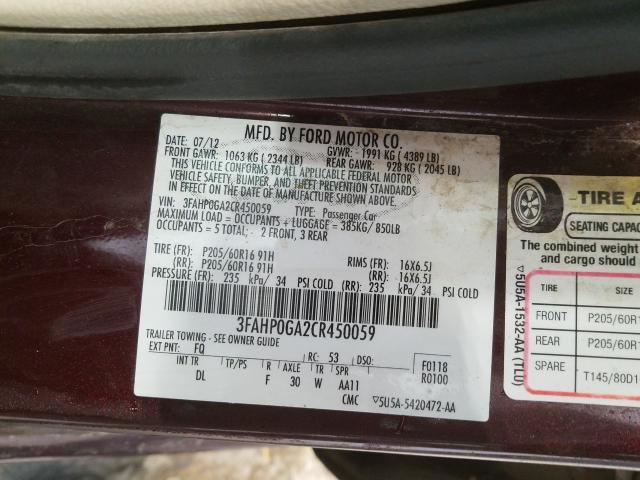 Photo 9 VIN: 3FAHP0GA2CR450059 - FORD FUSION S 