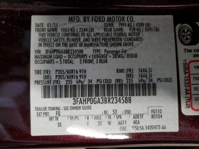 Photo 9 VIN: 3FAHP0GA3BR234588 - FORD FUSION S 