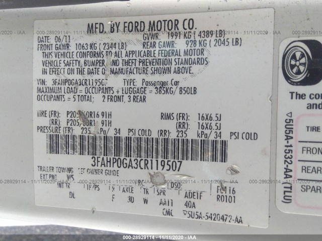 Photo 8 VIN: 3FAHP0GA3CR119507 - FORD FUSION 