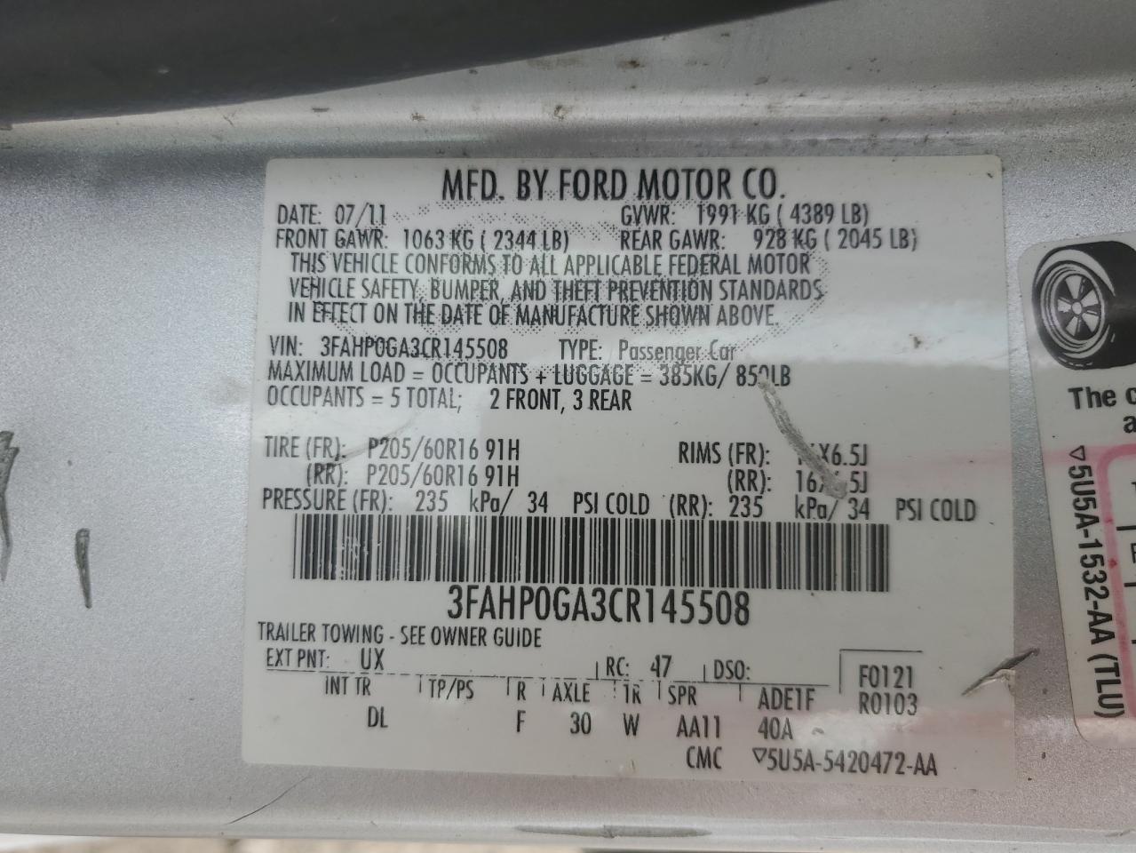 Photo 11 VIN: 3FAHP0GA3CR145508 - FORD FUSION 