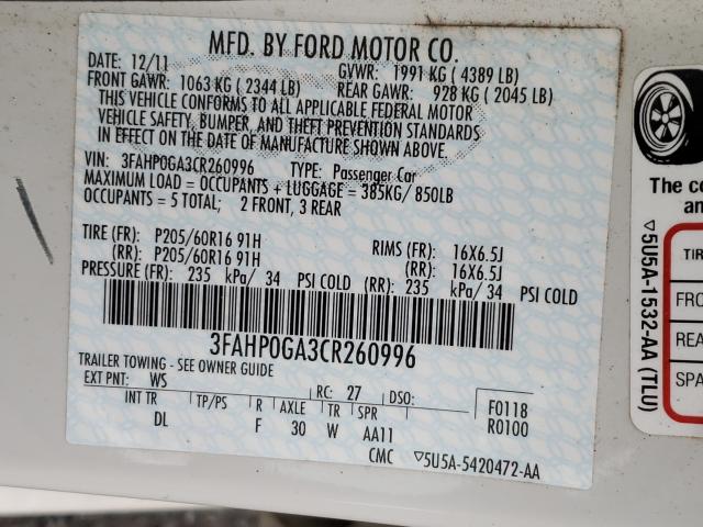 Photo 9 VIN: 3FAHP0GA3CR260996 - FORD FUSION S 