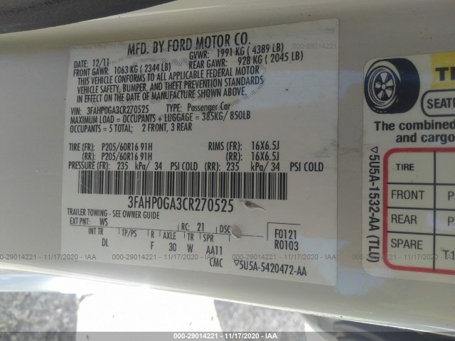 Photo 8 VIN: 3FAHP0GA3CR270525 - FORD FUSION 