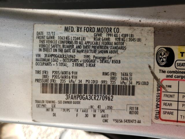 Photo 9 VIN: 3FAHP0GA3CR270962 - FORD FUSION S 