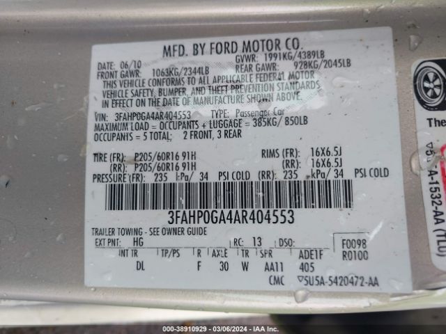 Photo 8 VIN: 3FAHP0GA4AR404553 - FORD FUSION 