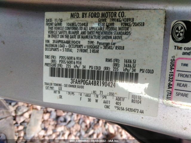 Photo 8 VIN: 3FAHP0GA4BR190424 - FORD FUSION 