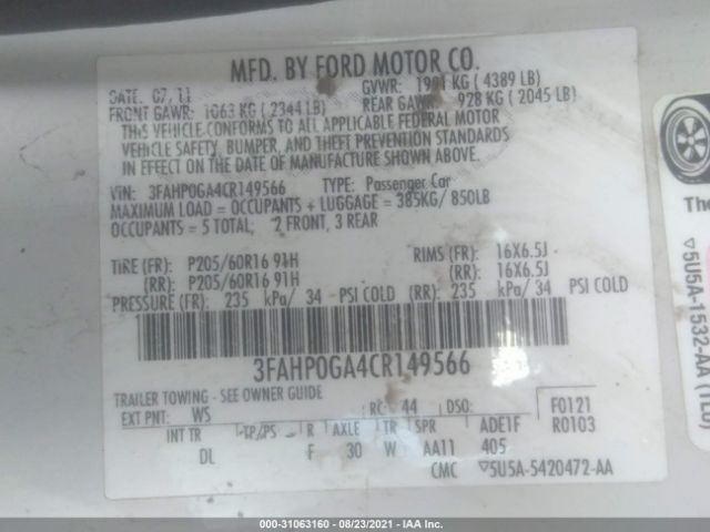 Photo 8 VIN: 3FAHP0GA4CR149566 - FORD FUSION 