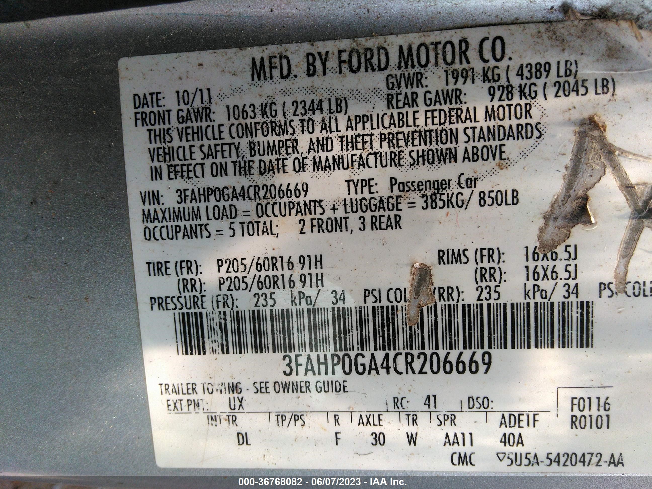 Photo 8 VIN: 3FAHP0GA4CR206669 - FORD FUSION 