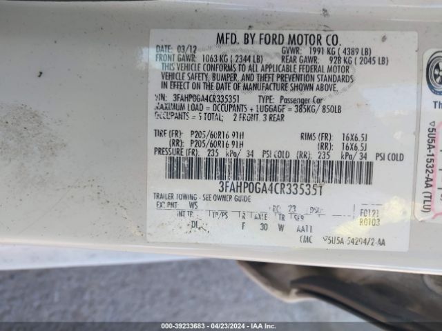 Photo 8 VIN: 3FAHP0GA4CR335351 - FORD FUSION 