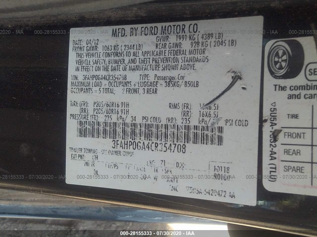 Photo 8 VIN: 3FAHP0GA4CR354708 - FORD FUSION 