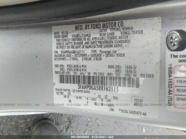 Photo 8 VIN: 3FAHP0GA5BR162115 - FORD FUSION 