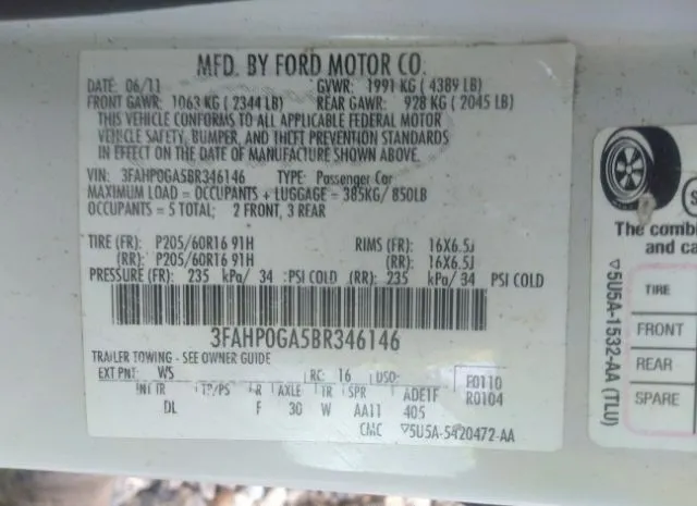 Photo 8 VIN: 3FAHP0GA5BR346146 - FORD FUSION 