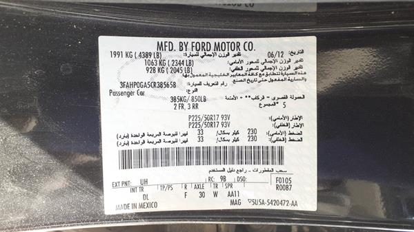 Photo 2 VIN: 3FAHP0GA5CR385658 - FORD FUSION 