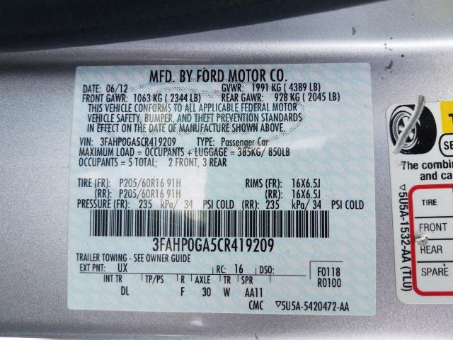 Photo 9 VIN: 3FAHP0GA5CR419209 - FORD FUSION S 