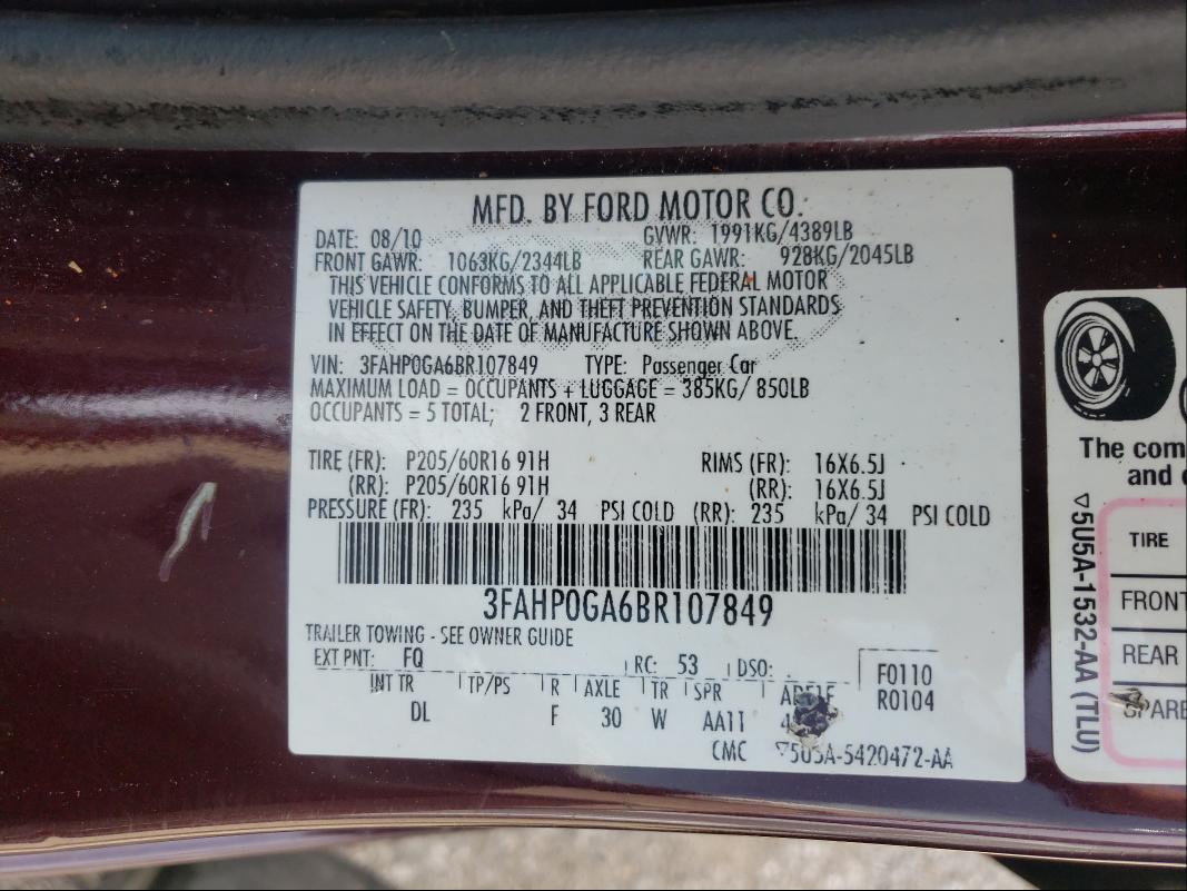 Photo 9 VIN: 3FAHP0GA6BR107849 - FORD FUSION S 