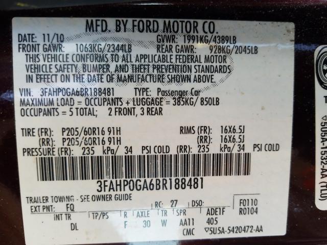 Photo 9 VIN: 3FAHP0GA6BR188481 - FORD FUSION S 