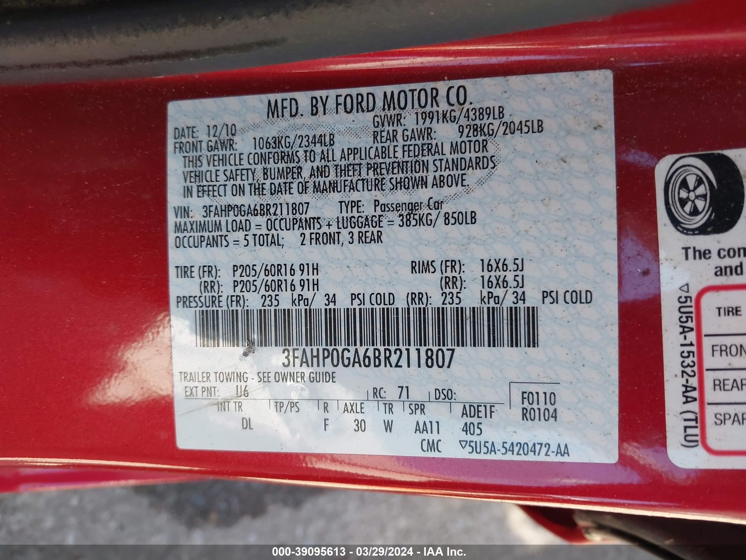 Photo 8 VIN: 3FAHP0GA6BR211807 - FORD FUSION 