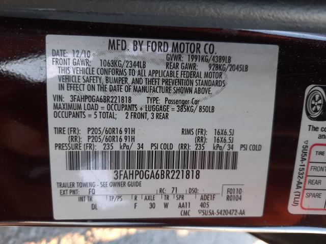 Photo 9 VIN: 3FAHP0GA6BR221818 - FORD FUSION S 