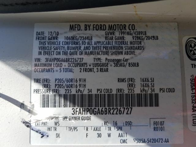 Photo 9 VIN: 3FAHP0GA6BR226727 - FORD FUSION S 