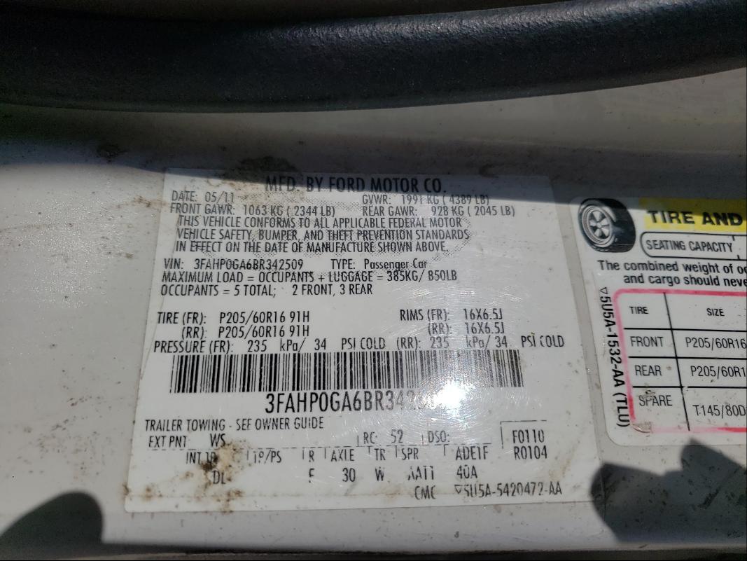 Photo 9 VIN: 3FAHP0GA6BR342509 - FORD FUSION S 