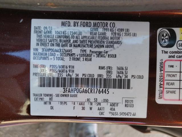 Photo 9 VIN: 3FAHP0GA6CR176445 - FORD FUSION S 