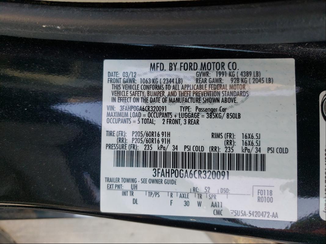 Photo 9 VIN: 3FAHP0GA6CR320091 - FORD FUSION S 