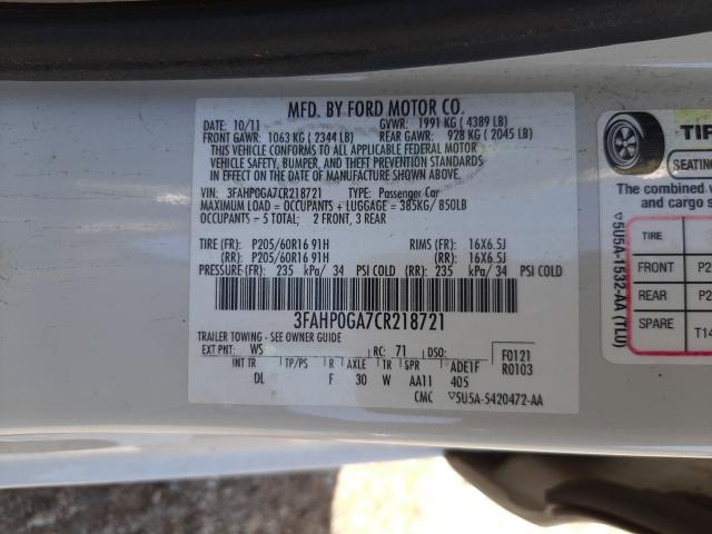 Photo 9 VIN: 3FAHP0GA7CR218721 - FORD FUSION S 