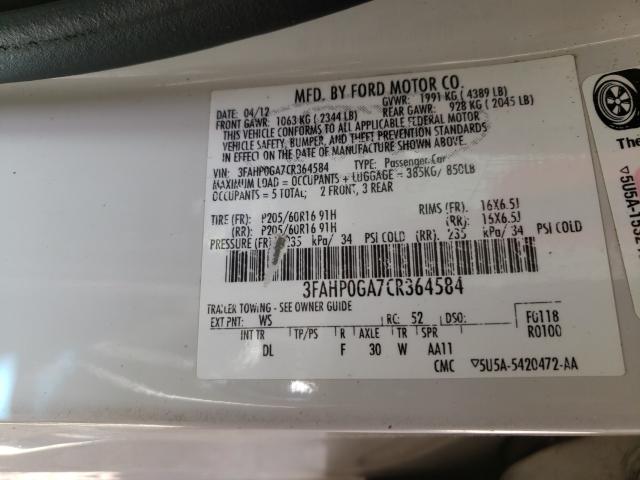 Photo 9 VIN: 3FAHP0GA7CR364584 - FORD FUSION S 