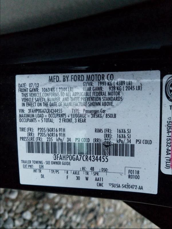 Photo 9 VIN: 3FAHP0GA7CR434455 - FORD FUSION S 