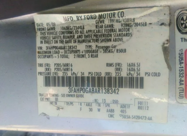 Photo 8 VIN: 3FAHP0GA8AR138342 - FORD FUSION 