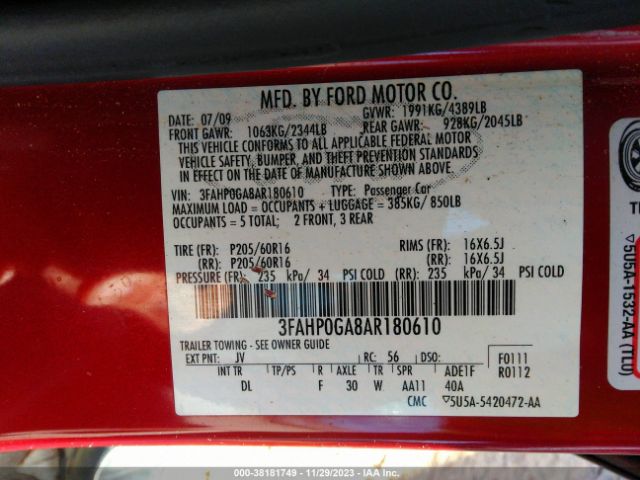 Photo 8 VIN: 3FAHP0GA8AR180610 - FORD FUSION 