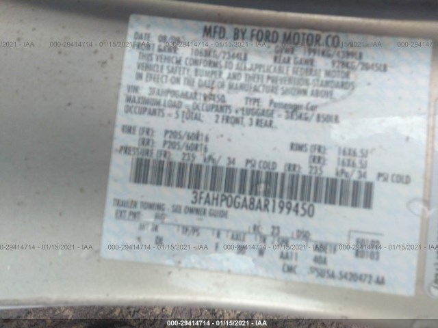 Photo 8 VIN: 3FAHP0GA8AR199450 - FORD FUSION 