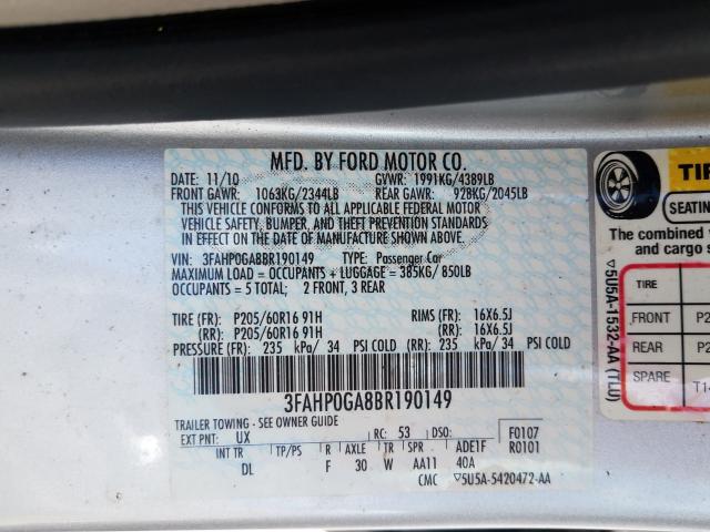 Photo 9 VIN: 3FAHP0GA8BR190149 - FORD FUSION S 