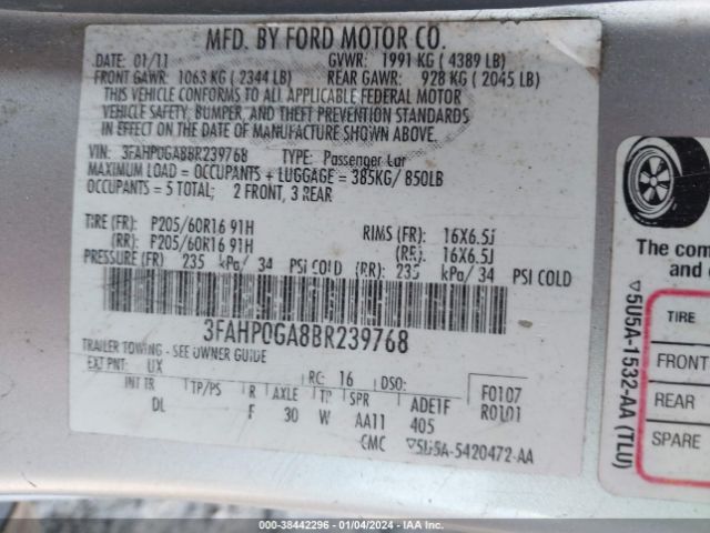 Photo 8 VIN: 3FAHP0GA8BR239768 - FORD FUSION 