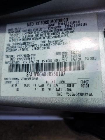 Photo 9 VIN: 3FAHP0GA8BR250107 - FORD FUSION S 