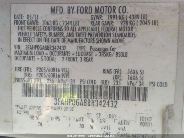 Photo 8 VIN: 3FAHP0GA8BR342432 - FORD FUSION 