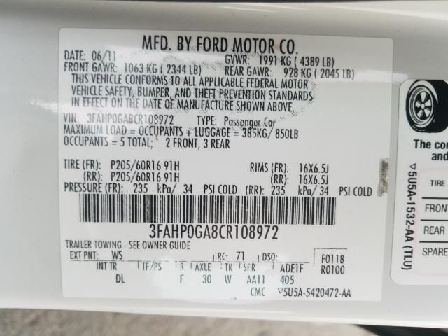 Photo 9 VIN: 3FAHP0GA8CR108972 - FORD FUSION S 