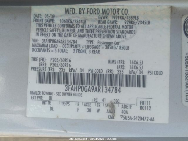 Photo 8 VIN: 3FAHP0GA9AR134784 - FORD FUSION 