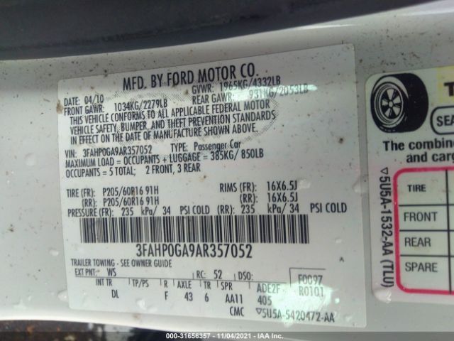 Photo 8 VIN: 3FAHP0GA9AR357052 - FORD FUSION 